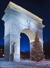 USA, New York City, Washington Square Arch at night.