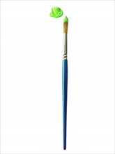 Blue paintbrush with green paint on white background. Photo: David Arky