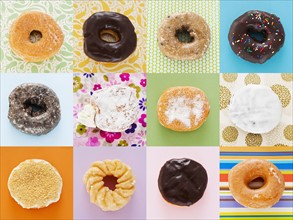 Selection of doughnuts on colorful background.