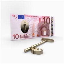 Ten Euro banknote with lock inside, key with Euro symbol laying beside. Photo: Jon Boyes