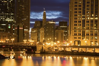 USA, Illinois, Chicago skyline illuminated at night. Photo : Henryk Sadura