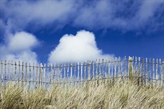 France, Picket fence, grasses and blue sky. Photo : Jon Boyes