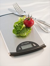 Lettuce and tomato on weight scale.