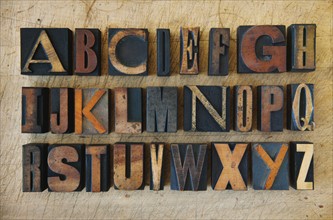 Close up of alphabet on letterpress.