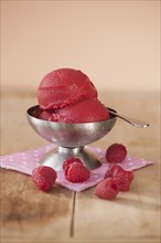 Close up of ice cream and raspberries.