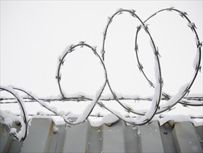 USA, New York State, Brooklyn, Williamsburg, barbed wire covered with snow. Photo: Jamie Grill