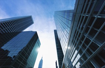 USA, New York City, New York, low angle view of modern office buildings.