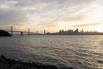 USA, San Francisco, City skyline with Golden Gate Bridge. Photo : Noah Clayton