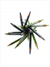 Green and blue colored pencils. Photo : David Arky