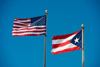 Puerto Rico, Old San Juan, flags of the USA and Puerto Rico.