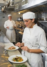 Chef and cook preparing food in commercial kitchen.