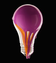 Studio shot of light bulb covered with purple and orange paint. Photo : Mike Kemp