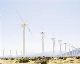 USA, California, Palm Springs, Coachella Valley, San Gorgonio Pass, Wind turbines with mountains in