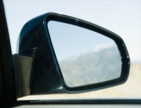 USA, California, Palm Springs, Coachella Valley, San Gorgonio Pass, Close up of rear- view mirror .