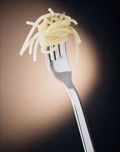 Close up of fork with spaghetti on black background. Photo : Jamie Grill Photography