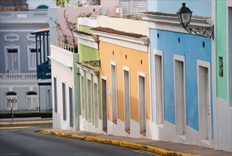 Puerto Rico, Old San Juan, Old town street scene.