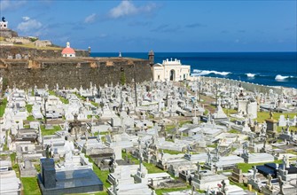Puerto Rico, Old San Juan, View of Santa Maria Magdalena Cemetery with El Morro Fortress.