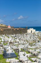 Puerto Rico, Old San Juan, View of Santa Maria Magdalena Cemetery with El Morro Fortress.
