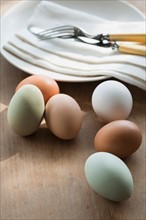 Close up of eggs and plate on table.