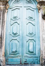Brazil, Bahia, Salvador De Bahia, Close-up on blue carving door. Photo : Jamie Grill Photography