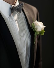 Midsection of bridegroom wearing tuxedo with boutonniere.