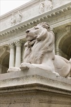 USA, New York, New York City, New York Public Library, Close up of sculpture of lion.