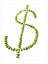 Studio shot of Bean Seeds making Dollar Sign on white background. Photo : David Arky