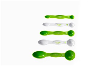 Studio shot of row of green measuring spoons. Photo: David Arky