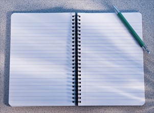 Blank open notebook and pencil. Photo : Daniel Grill