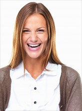 Studio portrait of beautiful business woman laughing. Photo: momentimages