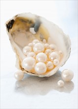 Studio shot of pearls in oyster.