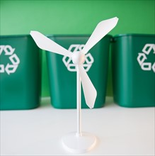 Close up of model of wind turbine and garbage bins. Photo : Jamie Grill