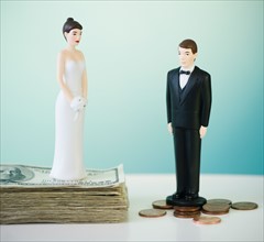 Close up of wedding cake figurines on coins and banknotes. Photo: Jamie Grill