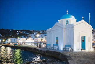 Greece, Cyclades Islands, Mykonos, Church in harbor.