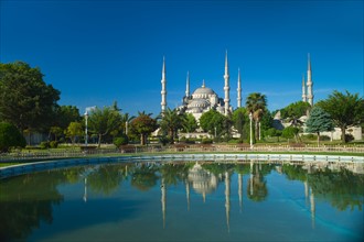 Turkey, Istanbul, Sultanahmet Mosque with pond.