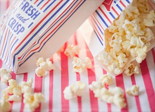 Close up of popcorn and paper bags. Photo : Jamie Grill