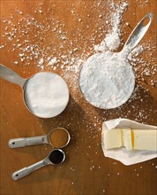 Close up of flour and baking ingredients. Photo : Jamie Grill