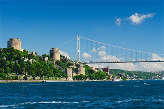Turkey, Istanbul, Fortress of Europe with Fatih Sultan Mehmet Bridge over Bosphorus.