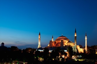 Turkey, Istanbul, Haghia Sophia illuminated at dusk.