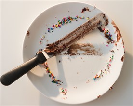 Close up of empty plate with rests of chocolate and sprinkles. Photo: Jamie Grill