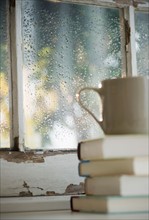Cup on heap of books with rain on window in background. Photo: Jamie Grill