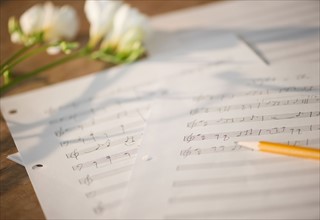 Close up of sheet music and flowers. Photo : Jamie Grill