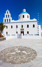 Greece, Cyclades Islands, Santorini, Oia, Church with stone mosaic.