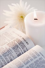 Bible, aster and candle. Photo : Jamie Grill