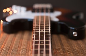 Close up of bass guitar. Photo : Daniel Grill