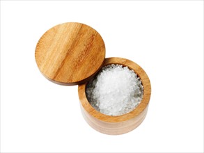 Studio shot of salt in wooden grinder. Photo: David Arky