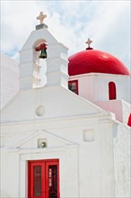 Greece, Cyclades Islands, Mykonos, Church with bell tower.