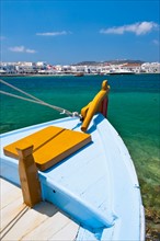 Greece, Cyclades Islands, Mykonos, Fishing boat in harbor.
