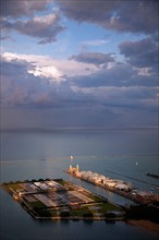 USA, Illinois, Chicago, Olive Park, Water Filtration Plant and Navy Pier on Lake Michigan seen from
