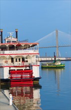 USA, Georgia, Savannah, Passenger ship with Talmadge Bridge in background.